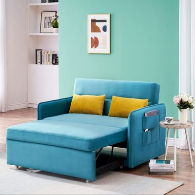 CKLMMC 54" Pull Out Sofa Bed with Adjustable Backrest/2 Pillows/Storage Pocket, Velvet Loveseat Sleeper Sofa, Save Space Compact Couch for Living Room and Home Office (Antique Blue Green#Sofa!m)