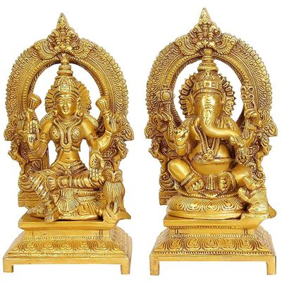 Brass Lakshmi and Ganesha Ganesh Murti Idol Statue Statue Height 7 Inches