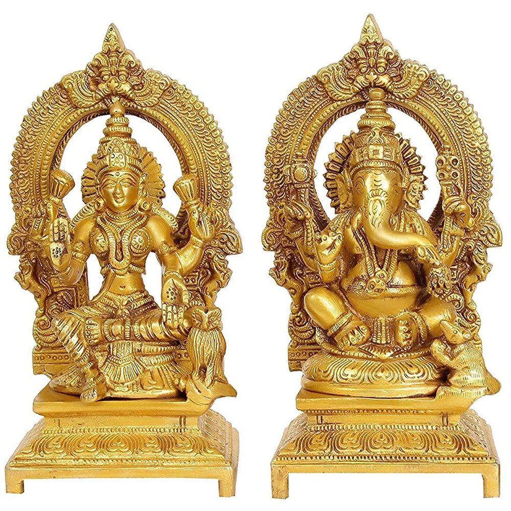 Brass Lakshmi and Ganesha Ganesh Murti Idol Statue Statue Height 7 Inches