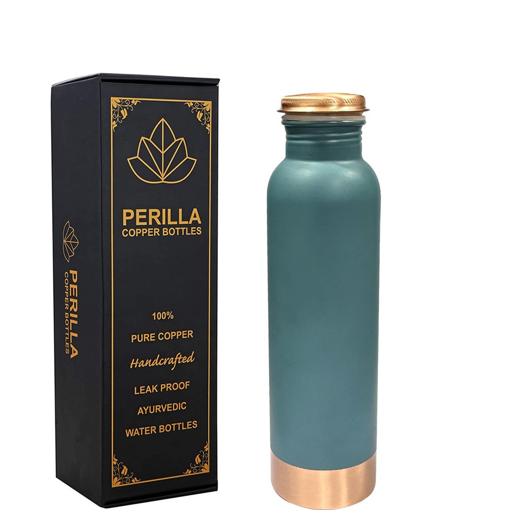 Perilla Home Copper Water Bottle 20.29 Oz Leak Proof 100% Pure - Ayurvedic Copper Vessel - Drink More Water And Enjoy The Health Benefits Immediately - For Gym,Yoga Bottle (Plain Pie Green)