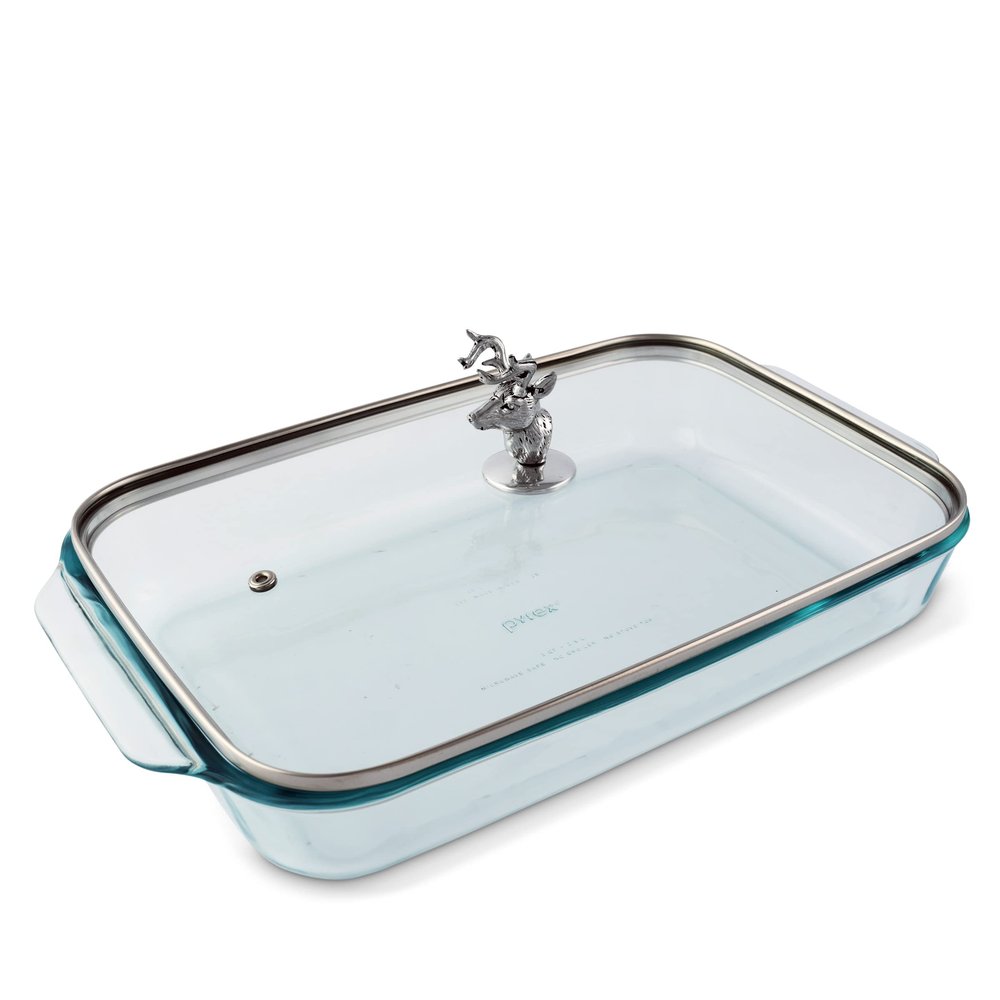 Arthur Court Glass Casserole Dish with Metal Deer Lid Handle Baking Dish - Perfect to keep your Buffet Sides Protected and Warm - Rustic Style 9.25 inches x 13.5 inches 3 quart - 2-pieces