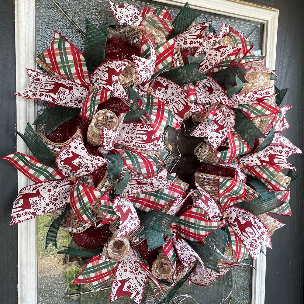 Folk Style Reindeer Christmas Deco Mesh Front Door Wreath, Stylish Designer Traditional Classic Style, Handcrafted Home Decor, Porch Decoration