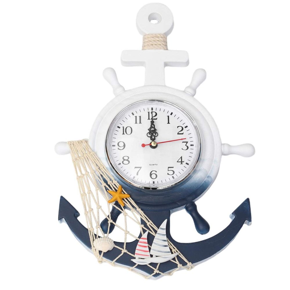 SEWACC Nautical Decor Wall Clock Anchor Clock Mediterranean Style Boat Wheel Wall Coastal Beach Theme Nautical Wheel Rudder Steering Decor Beach