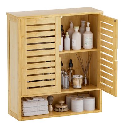 SMIBUY Bathroom Cabinet Wall Mounted, Bamboo Over-The-Toilet Storage Organizer, Space Saver Medicine Cabinet with 2 Door and Adjustable Shelves (Natural)