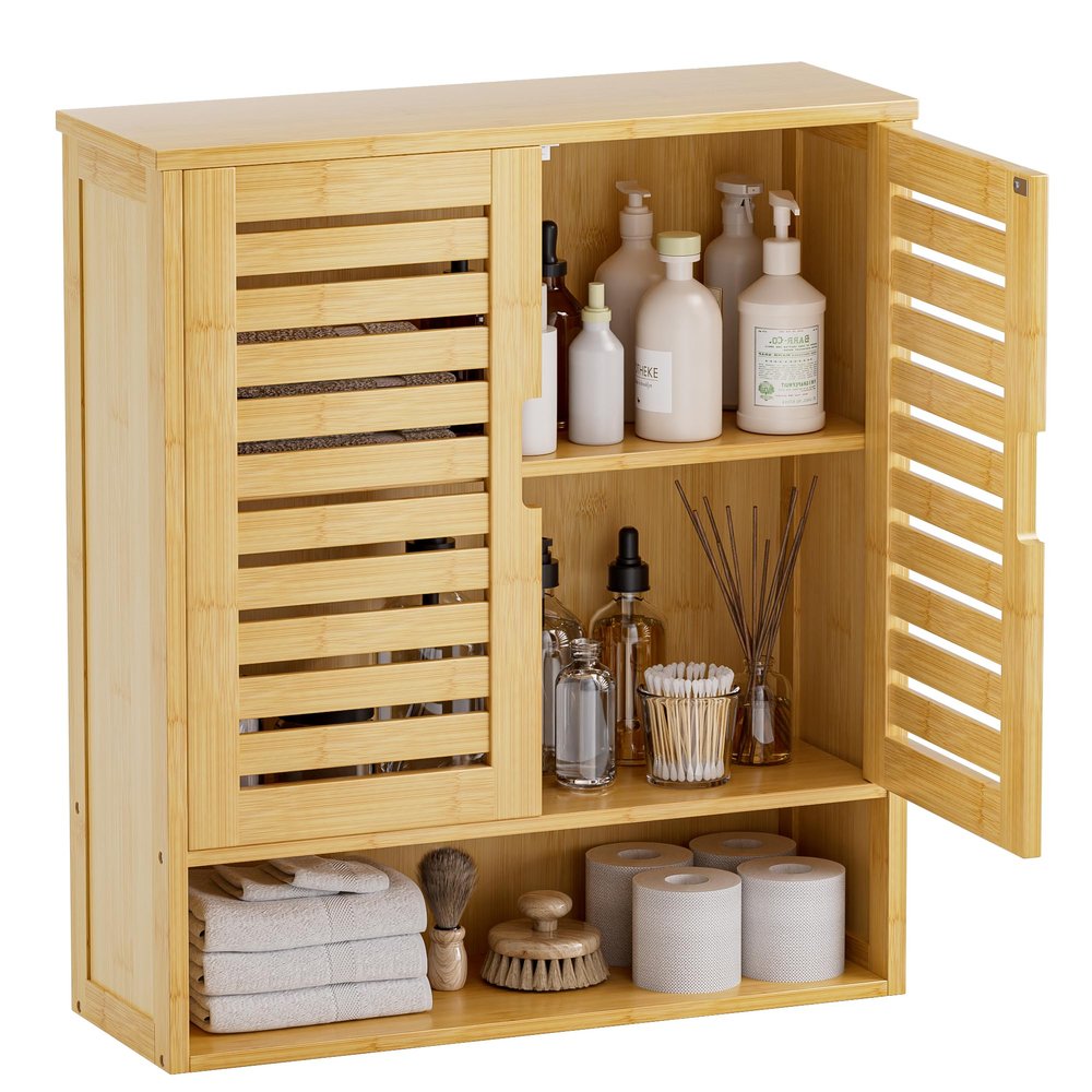 SMIBUY Bathroom Cabinet Wall Mounted, Bamboo Over-The-Toilet Storage Organizer, Space Saver Medicine Cabinet with 2 Door and Adjustable Shelves (Natural)