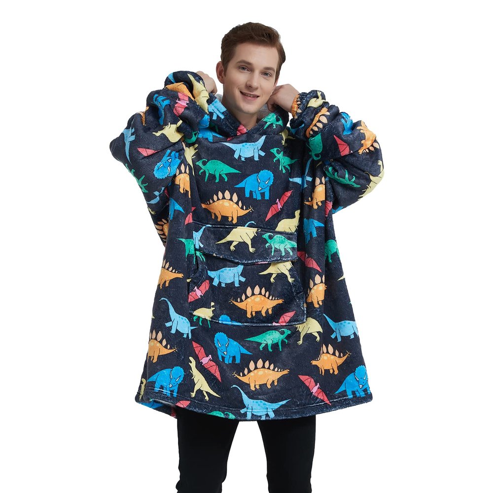 Mewkou Wearable Blanket Hoodie for Adult,Oversized Sherpa Fleece Blanket Hoodie for Women Men,Dinosaur