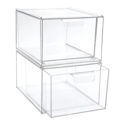 SEWACC 2pcs Transparent Plastic Storage Boxes for Makeup Stackable Cosmetic Organizer Lid Desktop Makeup Holder for Easy Access and Neat Organization