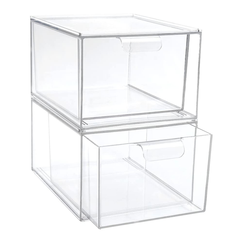 SEWACC 2pcs Transparent Plastic Storage Boxes for Makeup Stackable Cosmetic Organizer Lid Desktop Makeup Holder for Easy Access and Neat Organization