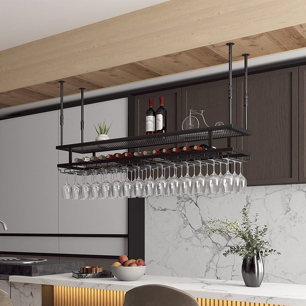 Ceiling Wine Rack - Hanging Wrought Iron Wine Bottle Holder, Upside Down Wine Glass Holder, Vintage Iron Floating Shelves, Restaurant Wall Mounted Display Stand, Adjustable Height ( Size : 100*30cm )