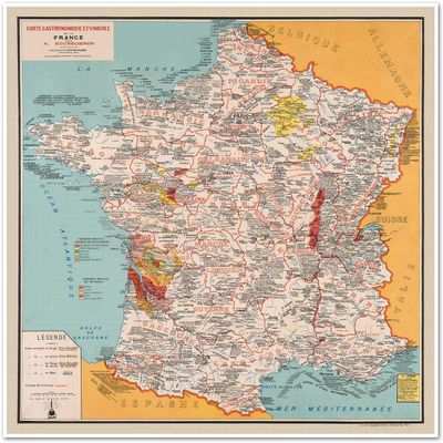 Antiguos Maps Gourmet France, French Food and Wine - Gastronomique et Vinicole de la France par A. Bourguignon circa 1932 | Vintage Wall Decor | Art Print Poster