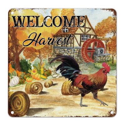 Give Thanks Thanksgiving Metal Sign Wall Art Rustic Fall Gold Farm Vintage Rooster Welcome Metal Tin Sign Autumn Retro Metal Wall Hanging Sign for Front Porch Living Room Bedroom 10x10in
