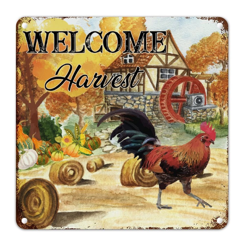 Give Thanks Thanksgiving Metal Sign Wall Art Rustic Fall Gold Farm Vintage Rooster Welcome Metal Tin Sign Autumn Retro Metal Wall Hanging Sign for Front Porch Living Room Bedroom 10x10in