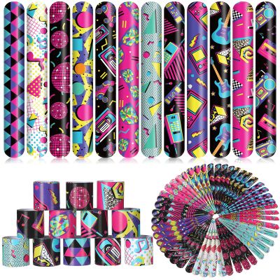 Sosation 60 Pcs 80s 90s Party Slap Bracelets Favors Decorations Slap Wristbands Retro Theme Bracelet Snap Bands Snap Wristband for Adults Throwback Party(Retro Style)