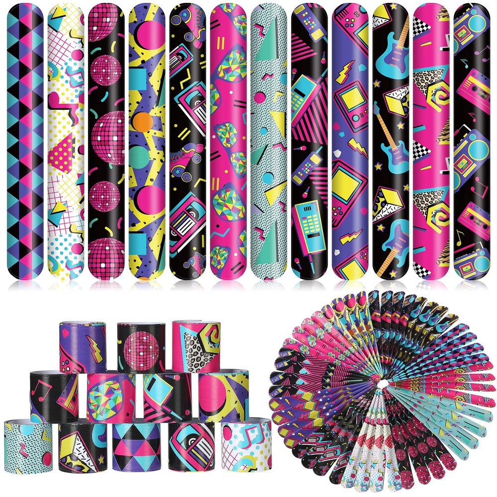 Sosation 60 Pcs 80s 90s Party Slap Bracelets Favors Decorations Slap Wristbands Retro Theme Bracelet Snap Bands Snap Wristband for Adults Throwback Party(Retro Style)