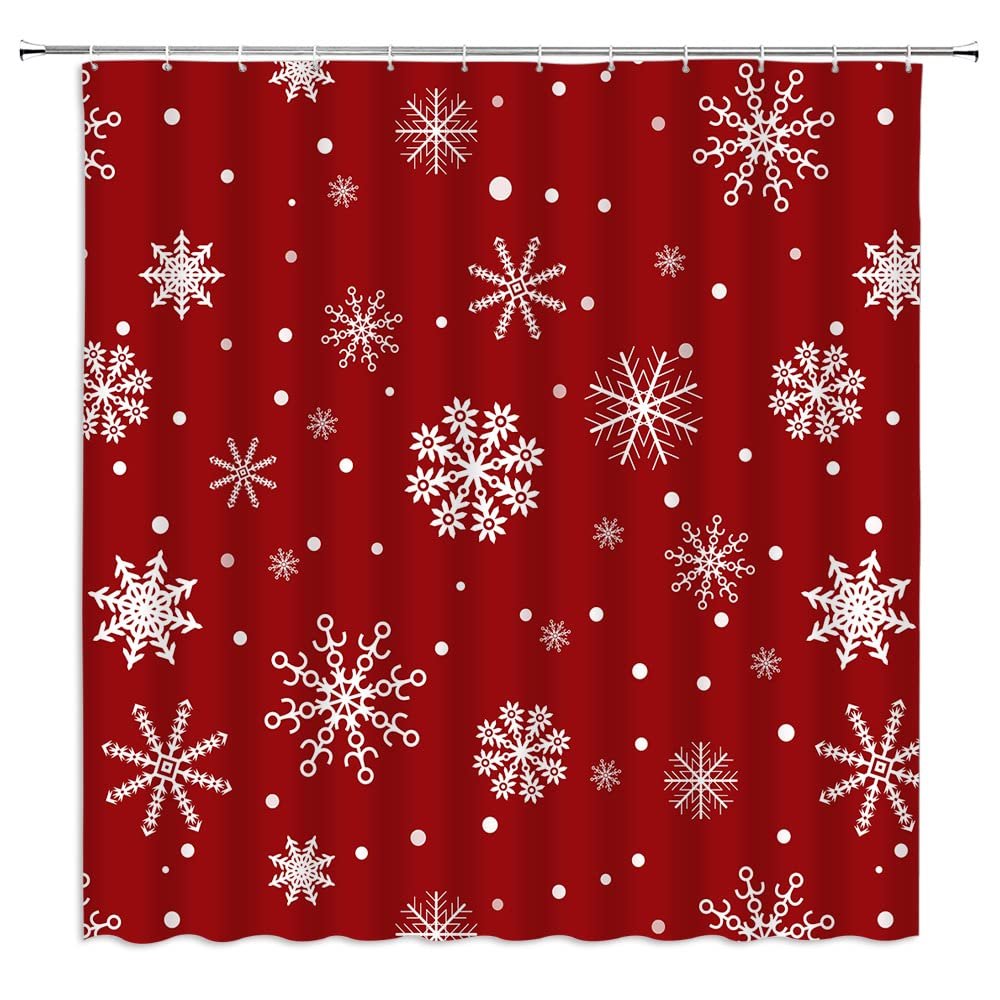 ABONAN Christmas Shower Curtain Snowflake Red Grey White Winter Holiday Merry Christmas Fabric Bathroom Curtains Decor Set with Hook(67" Wx70 H)
