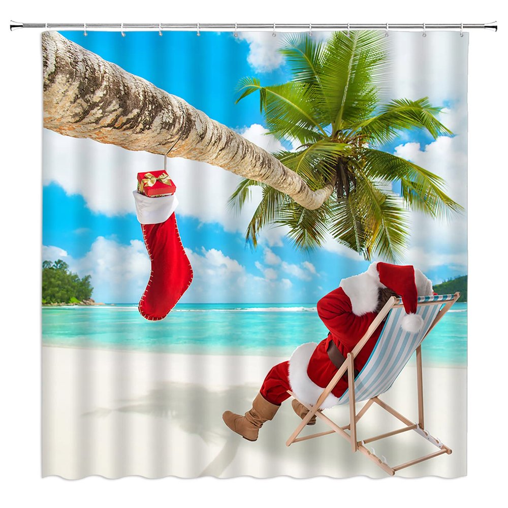 ABONAN Funny Santa Claus Beach Shower Curtain Humor Santa Palm Tree Tropical Ocean Summer Seaside Xmas Merry Holiday Scene Fabric Bathroom Curtains Decor Set with Hook(67" Wx70 H)