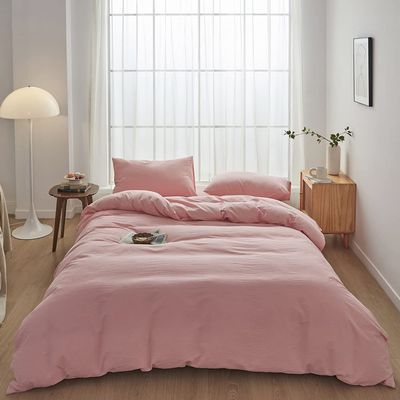 FACE TWO FACE Bedding Duvet Cover Set 3 Pieces 100% Washed Cotton Duvet Cover Linen Like Textured Breathable Durable Soft Comfy (California King, Light Pink)