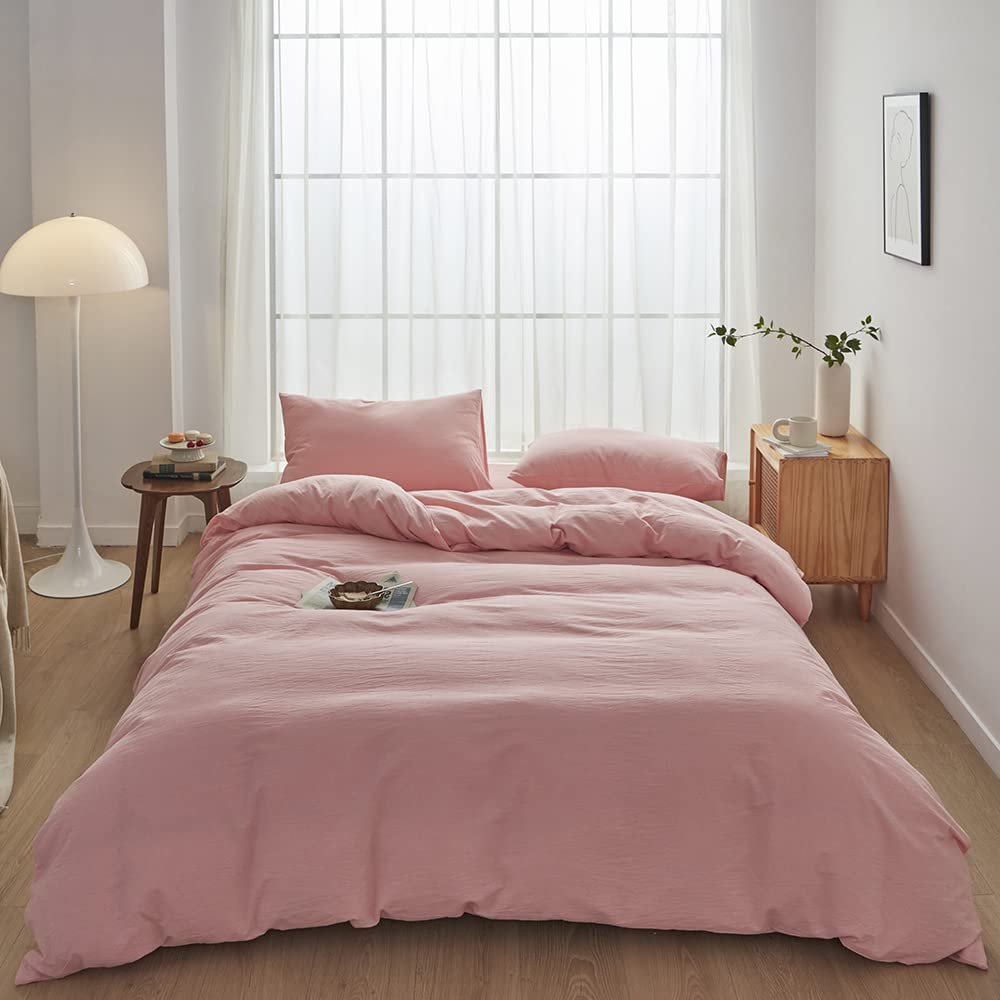 FACE TWO FACE Bedding Duvet Cover Set 3 Pieces 100% Washed Cotton Duvet Cover Linen Like Textured Breathable Durable Soft Comfy (California King, Light Pink)