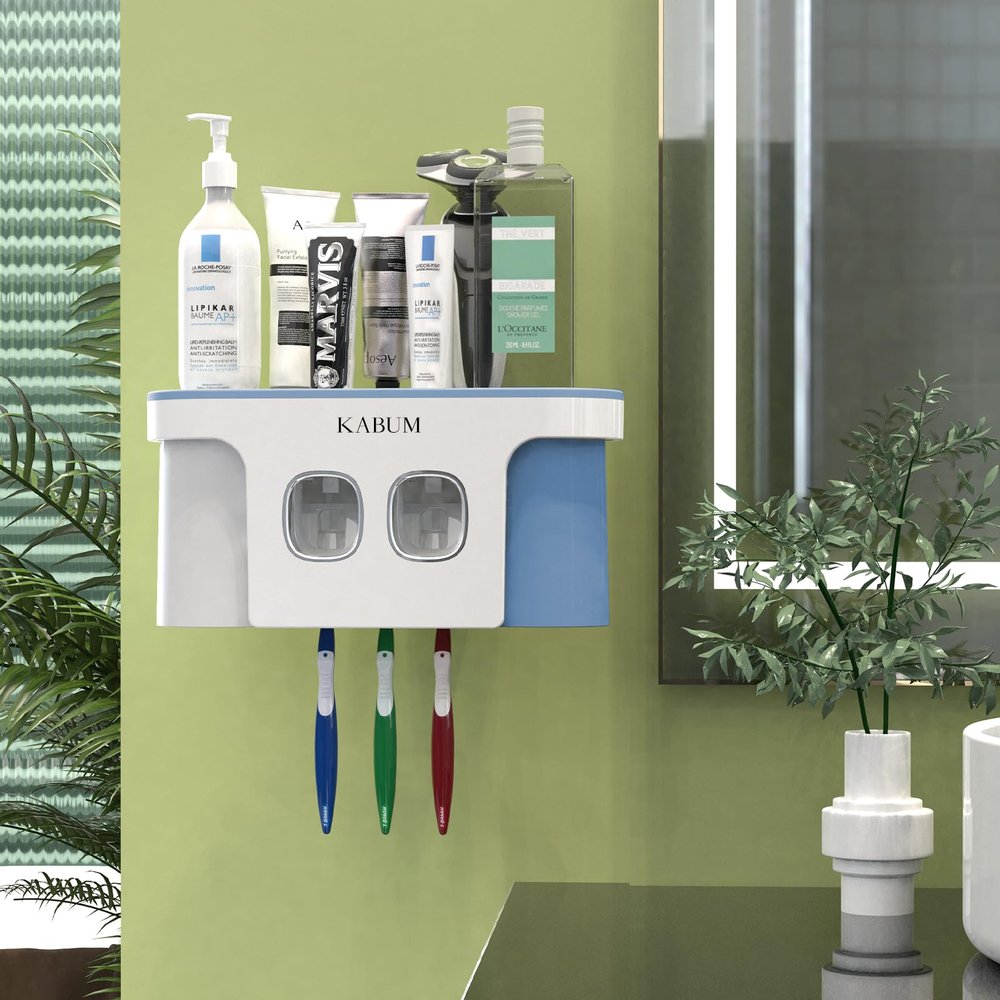 Toothbrush Holders for Bathroom Organizer, 2 Cups Automatic Toothpaste Dispenser Squeezer Kit Wall Mounted for Bathroom Set, Ideal Bathroom Accessories.Blue