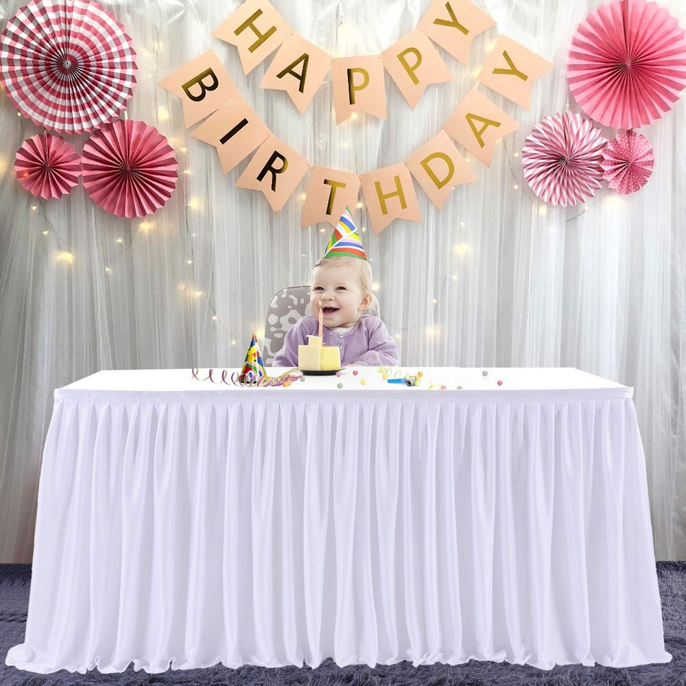 12ft White Table Skirts for Rectangle Tables Polyester Pleated Table Skirt Desk Skirts Ruffle Table Skirt Tablecloth for Wedding Birthday Party Baby Bridal Shower Banquet Table Decoration