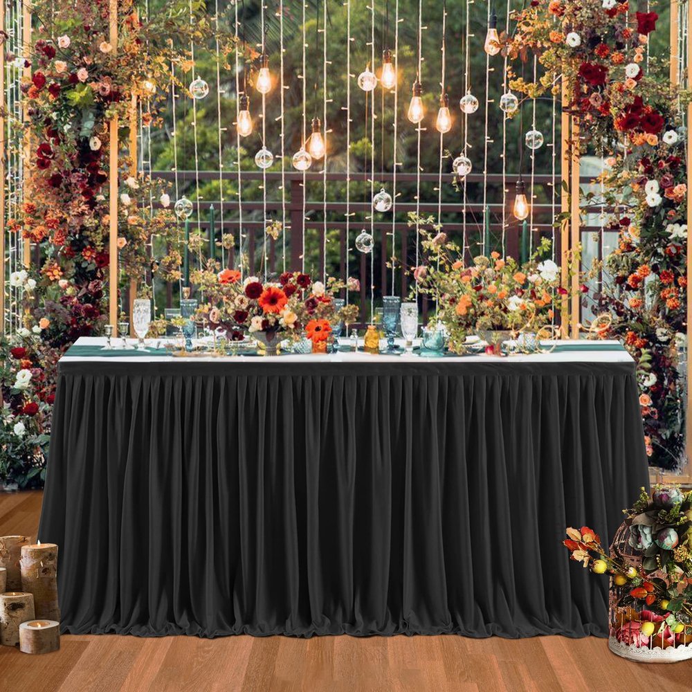 12ft Black Table Skirts for Rectangle Tables Polyester Table Skirt Desk Skirts Ruffle Tablecloth Skirt for Birthday Party Banquet Black Theme Party Wedding Bridal Shower Table Decorations