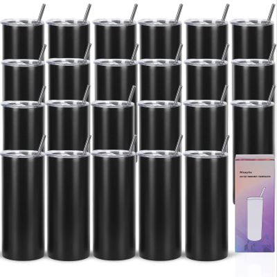 24 Pack 20 Oz Straight Skinny Tumblers,Individually Gift Boxed Stainless Steel Slim Skinny Tumbler Set Bulk, 20 Oz Insulated Slim Thin Travel Tumbler Cup for Diy, Black