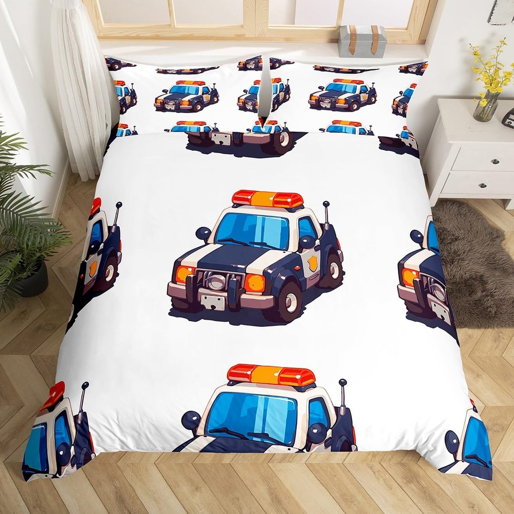 Boys Policeman Vehicle Bedding Set Kids Police Car Comforter Cover Set for Teens Automobile Duvet Cover Breathable Emergency Responder Vehicles Blue Bedspread Cover Room Decor Quilt Cover Full Size