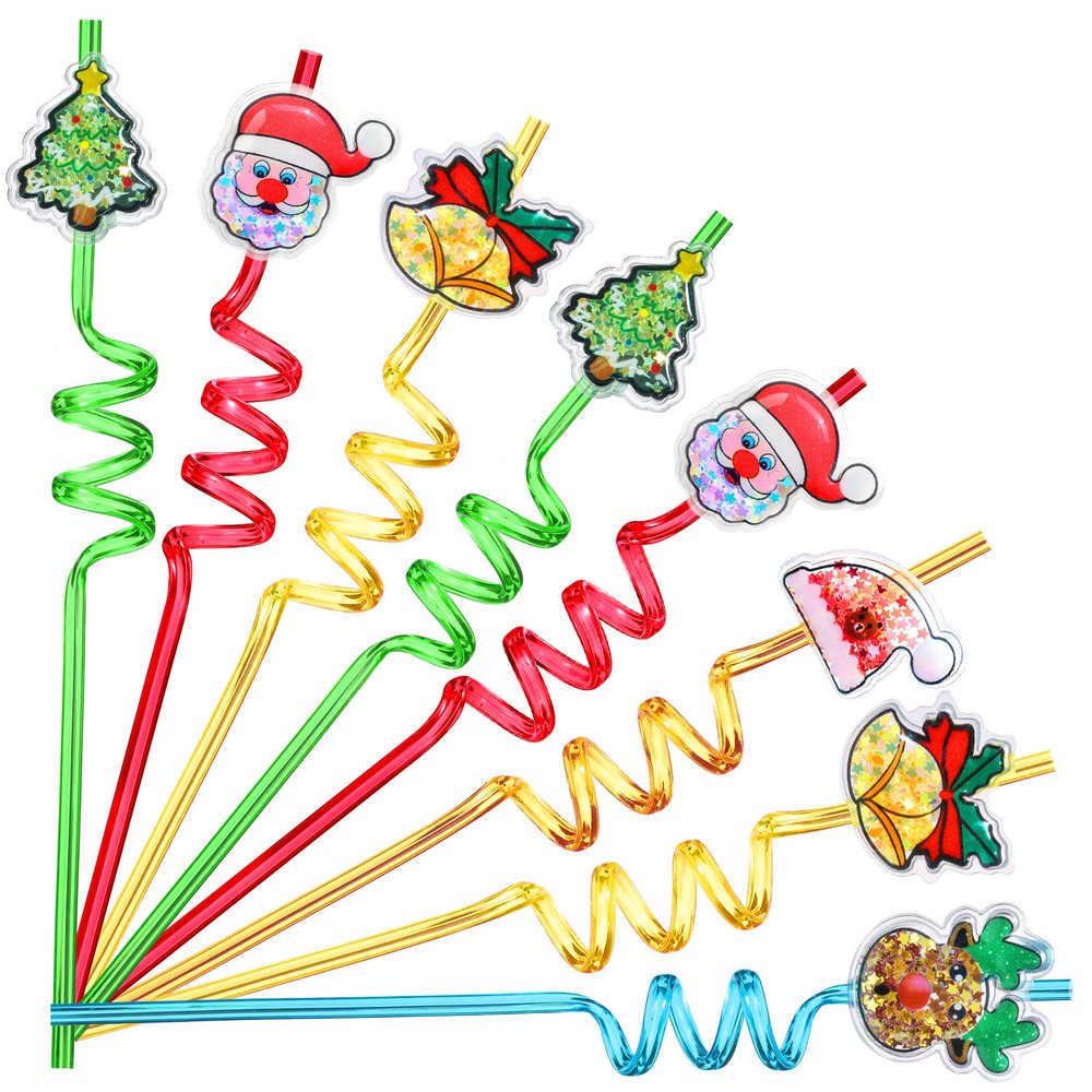 25 Glitter Christmas Party Favors Activity Favors Xmas Crazy Drinking Straws Goodie Gifts for Kids Adult Christmas Party Supplies with 2 PCS Cleaning Brushes