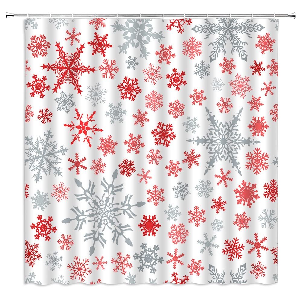 ABONAN Christmas Shower Curtain Snowflake Red Grey White Winter Holiday Merry Christmas Fabric Bathroom Curtains Decor Set with Hook(67" Wx70 H)