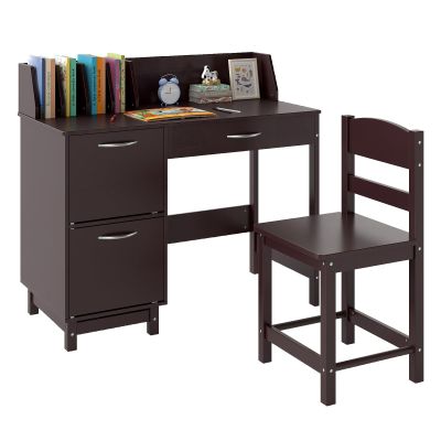 Costzon Kids Desk and Chair Set, Wooden Student Study Desk Set w/Hutch, Storage Drawer & Cabinets for 3-8 Years Old Child, Writing Computer Workstation for Bedroom School (Upgraded, Dark Brown)