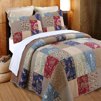 Cozy Line Home Fashions 100% Cotton Hand Piecing Real Patchwork Brown Floral Reversible Quilt Bedding Set Coverlet Bedspread for All Seasons (Red Navy, King - 3 Piece)