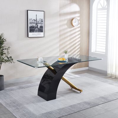 Yoluckea Modern Rectangular Glass Table Tempered Glass Top Dining Table with Stainless Steel Base Clear Beveled Edges Glass Kitchen Table for Home Kitchen Dining Room 63"D x 35.43"W x 29.92"H Black