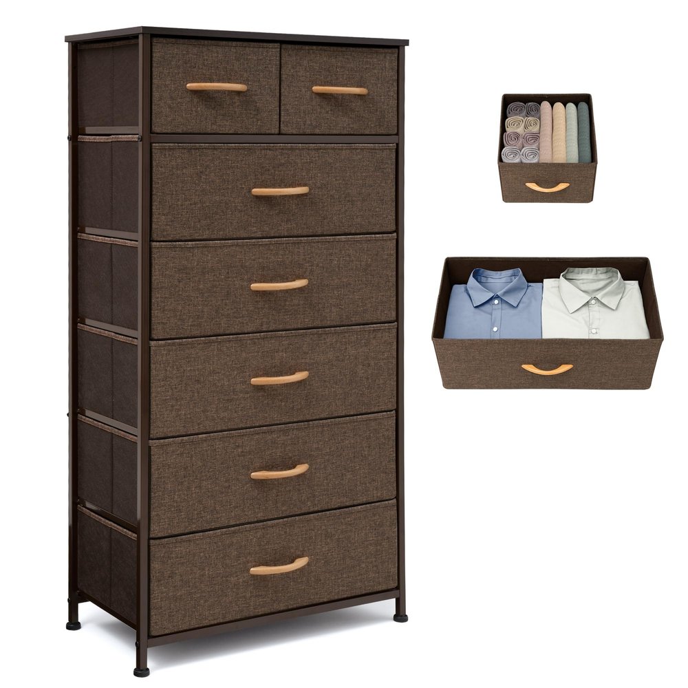 VredHom Tall Dressers for Bedroom, 7 Drawers Dresser Fabric Storage Closets Storage Units Organizer Tower Steel Frame Wooden Top for Bedroom, Hallway,Nursery, Entryway(Brown)