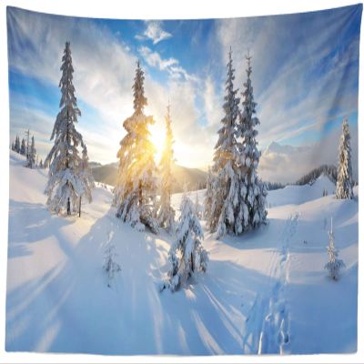 BELECO Winter Mountain Forest Tapestry Wall Hanging 106x70 Inch Snow Forest White Xmas Trees Blue Sky Sunshine Tapestry Wall Blanket Winter Scene Holiday Wall Decor for Living Room Bedroom Dorm Home