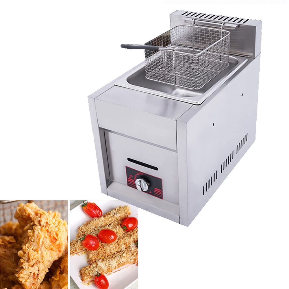 Niczu Stainless Steel Commercial Gas Fryer, 10 Liters Single Cylinder deep Fryer Fried Chicken French Fries with Basket for Restaurant Home Kitchen