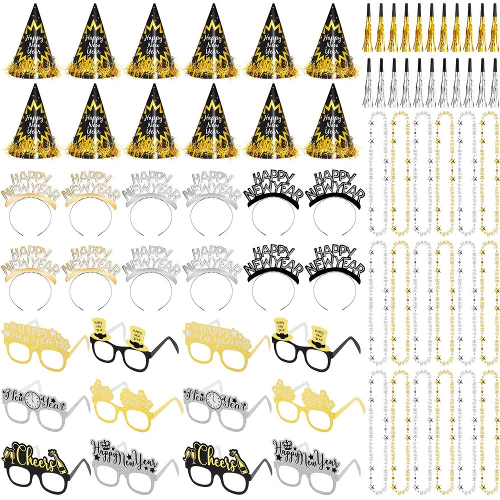 60 Pcs 2026 New Years Eve Party Supply Decor Kit Happy Headband Bulk Glass Cone Hat Necklace Blowout for New Years Favor