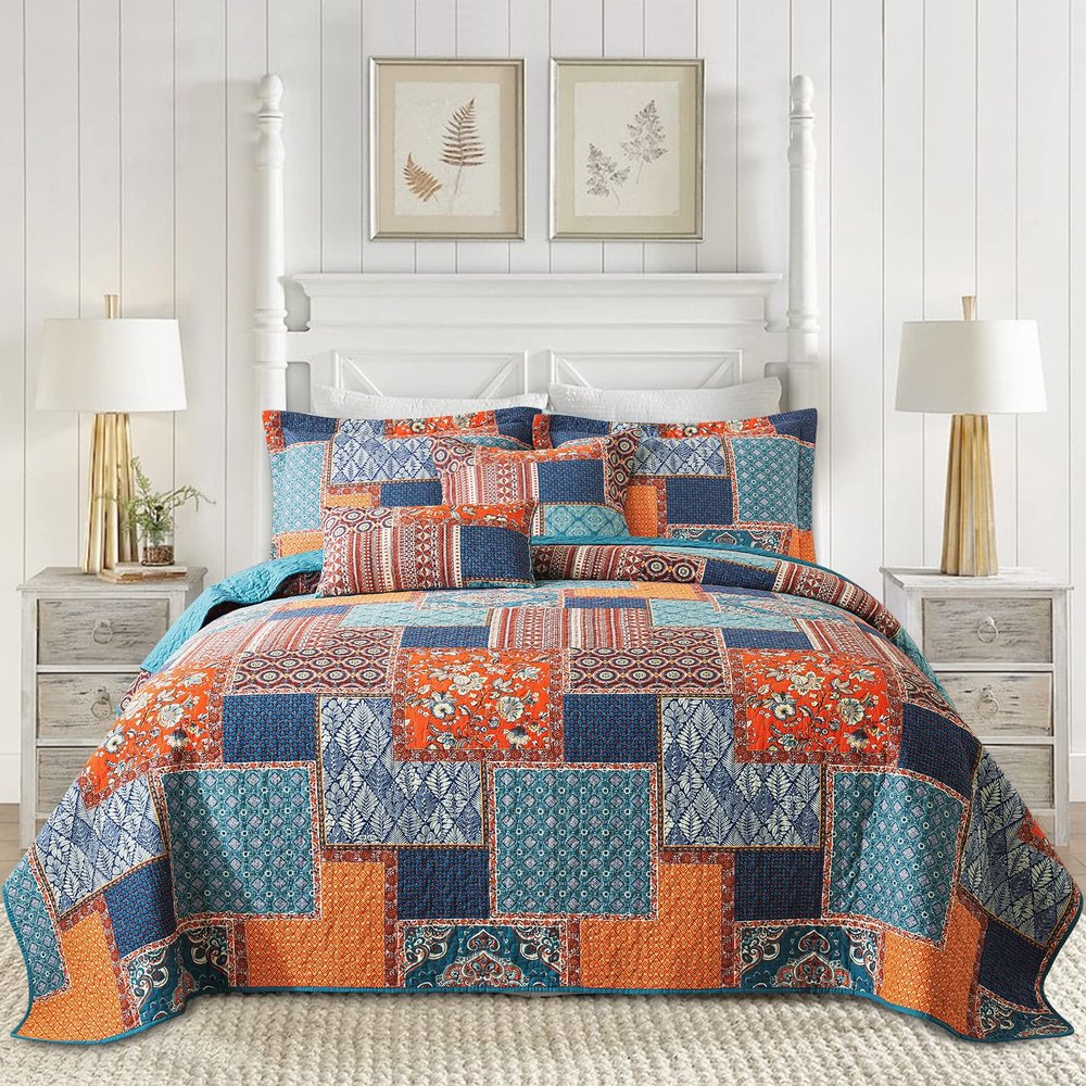 BEDIFANY 3 Pieces Cotton King Size Quilt Sets, Lightweight Bedspread King Size Soft Farmhouse King Quilt Bedding Sets for Bed Decorations for All Seasons,Orange