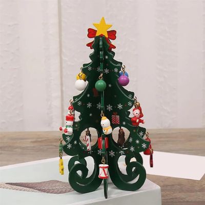 Rexcp 7.5 Inch Wooden Christmas Tree 3D Xmas Tree Table Decor Funny Desktop Christmas Decorations with Mini Ornaments for Xmas Holiday Decoration, Green