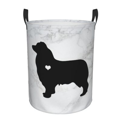 Australian Shepherd Silhouette Round Laundry Basket, Foldable Laundry Basket, Waterproof Storage Basket With Handle, Dirty Clothes Pocket Small