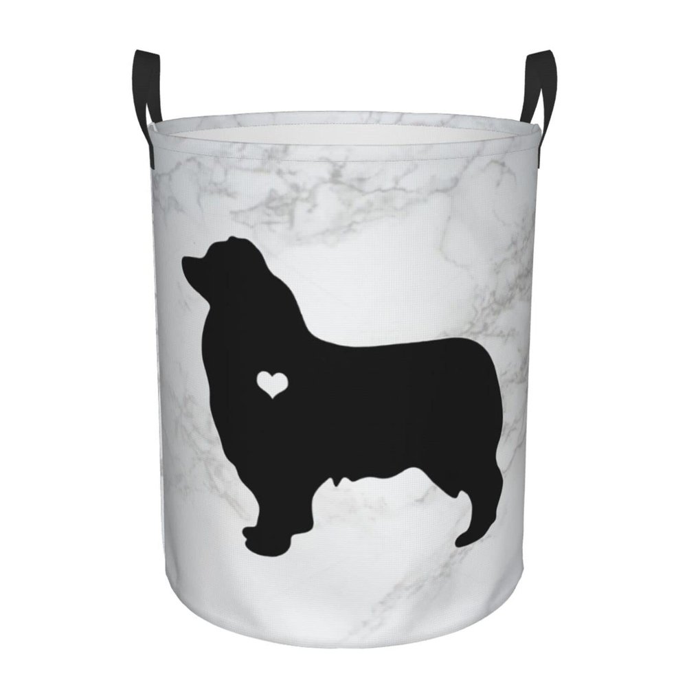 Australian Shepherd Silhouette Round Laundry Basket, Foldable Laundry Basket, Waterproof Storage Basket With Handle, Dirty Clothes Pocket Small