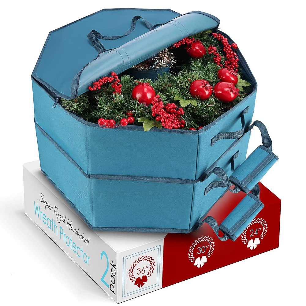 Hearth & Harbor Container-Hard Shell Christmas Bag with Interior Pockets, Dual Zipper and Handles-Premium Wreath Storage Organizer Box, 36", Blue