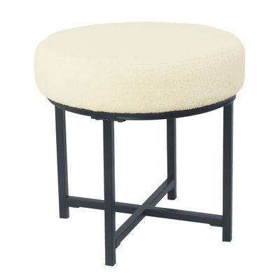 Homepop Home Decor | Faux Fur Round Ottoman Stool | Faux Fur Stool Ottoman for Living Room & Bedroom | Decorative Home Furniture, Cream Faux Sheepskin