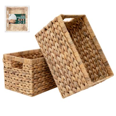 2-Pack Handwoven Water Hyacinth Storage Baskets with Handles, Wicker Bins for Pantry Organization, Shelf or Closet Organizer, Decorative Boho Rectangular Basket 13.5" x 8"