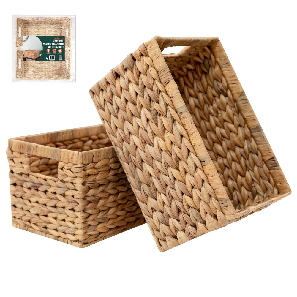 2-Pack Handwoven Water Hyacinth Storage Baskets with Handles, Wicker Bins for Pantry Organization, Shelf or Closet Organizer, Decorative Boho Rectangular Basket 13.5" x 8"