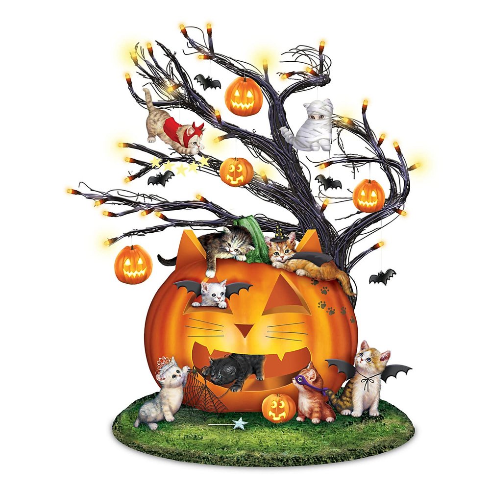The Bradford Exchange Purr-fectly Mischievous Halloween Illuminated Tabletop Tree Featuring Hand-Painted Sculpted Cats Each with A Unique Costume