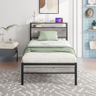 HOJINLINERO Twin Bed Frame with Storage Headboard and Charging Station, Twin Size, Heavy Duty Metal Slats, No Box Spring Needed, Dark Grey