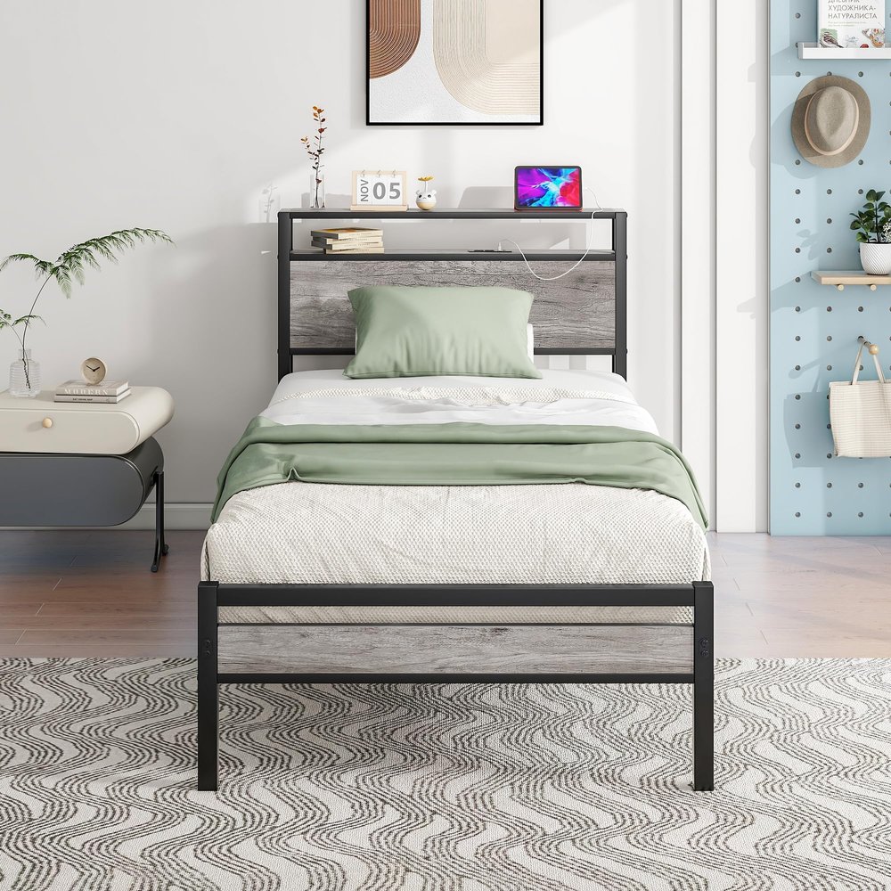 HOJINLINERO Twin Bed Frame with Storage Headboard and Charging Station, Twin Size, Heavy Duty Metal Slats, No Box Spring Needed, Dark Grey