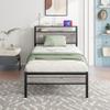 HOJINLINERO Twin Bed Frame with Storage Headboard and Charging Station, Twin Size, Heavy Duty Metal Slats, No Box Spring Needed, Dark Grey view 1