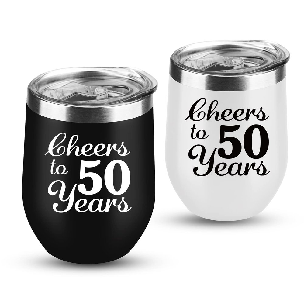 50th Anniversary Golden Wedding Gifts - 2 Pack 12 OZ Wine Tumbler for Couple, Wife, Husband, Parents, Grandparents