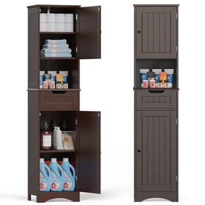 Gizoon 67" H Tall Bathroom Cabinet, Storage Cabinet with 2 Doors & Drawer, Narrow Linen Tower Freestanding Adjustable Shelves for Home, Kitchen, Versatile, Anti-Tipping, Dark Brown
